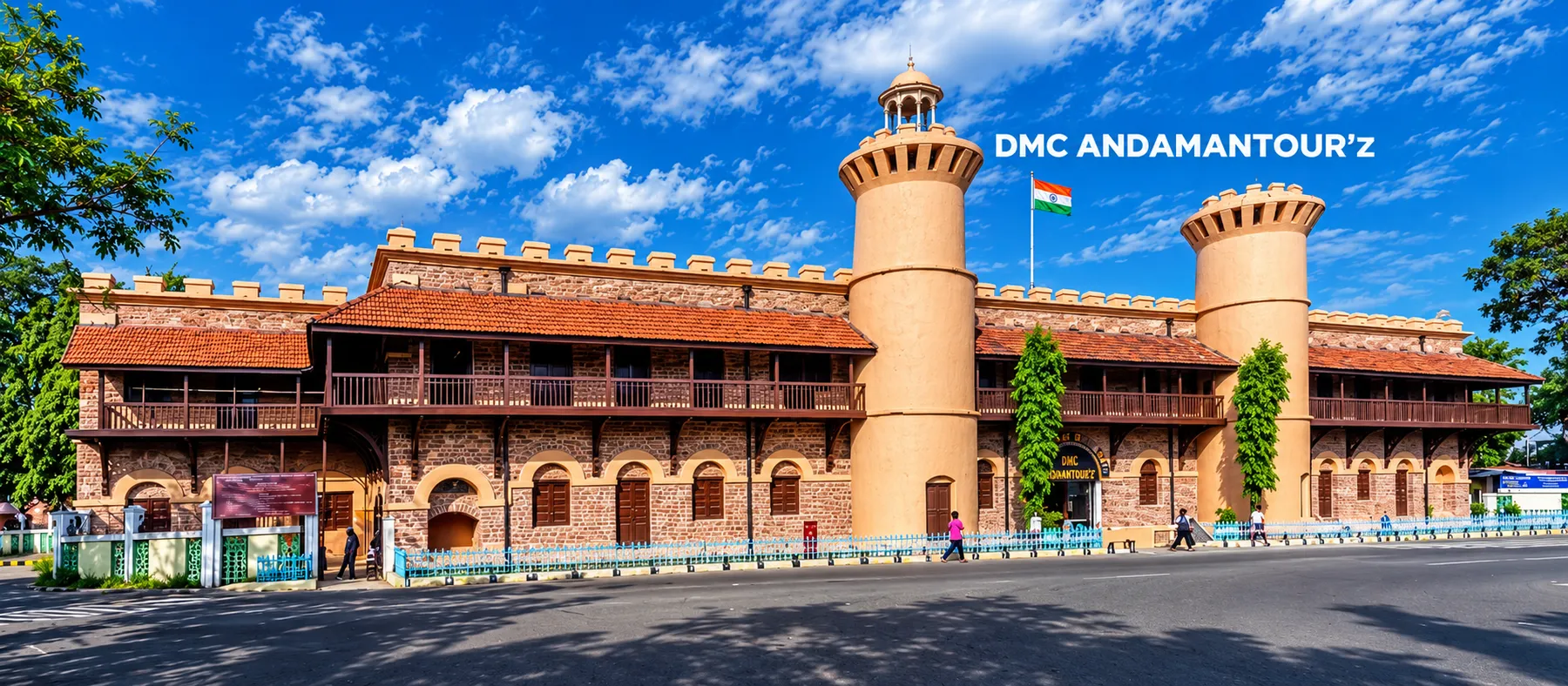 The turreted stone frontage of the Cellular Jail in Port Blair under a bright sky