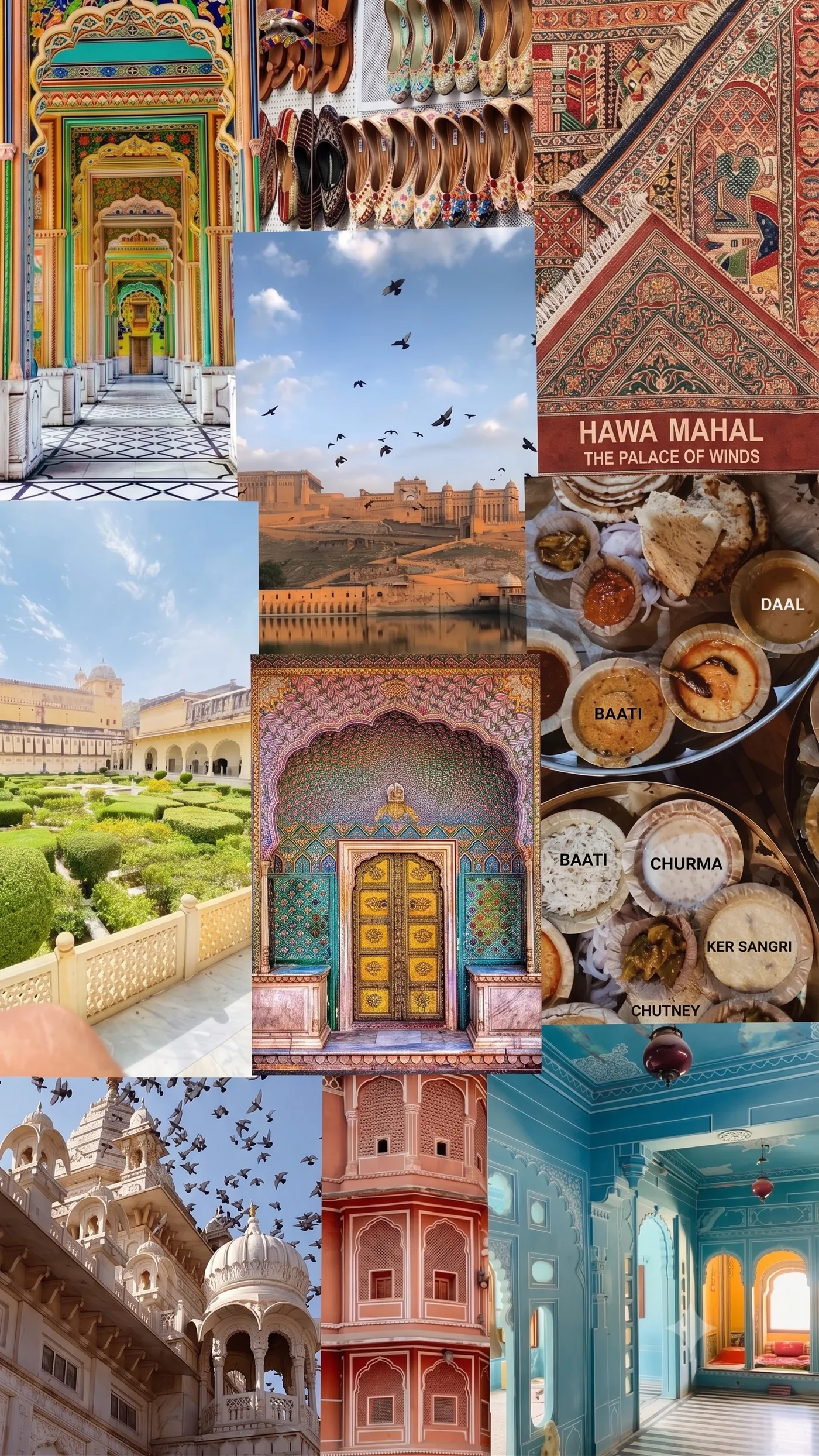A collage of Jaipur scenes — Patrika Gate, Amber Fort, a Rajasthani thali, Hawa Mahal