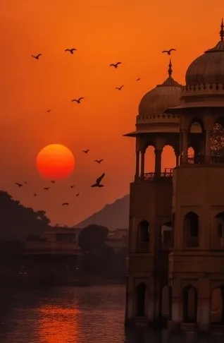 A domed pavilion silhouetted against an orange sunset over water