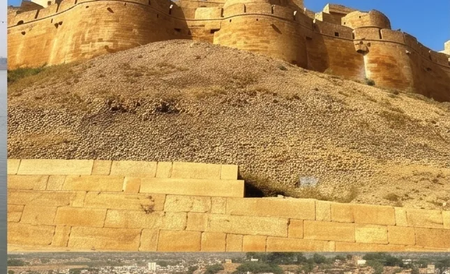 The sloping sandstone bastions of a desert fort