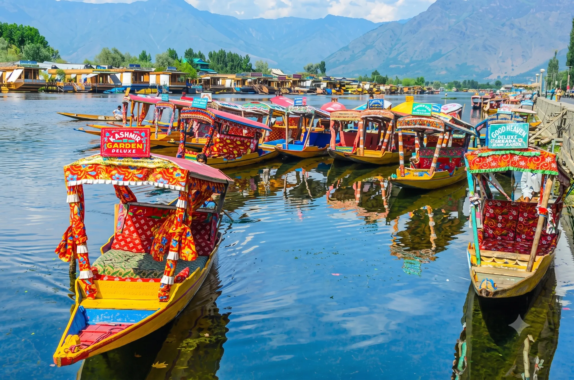 Shikaras moored in a line on Dal Lake below the hills